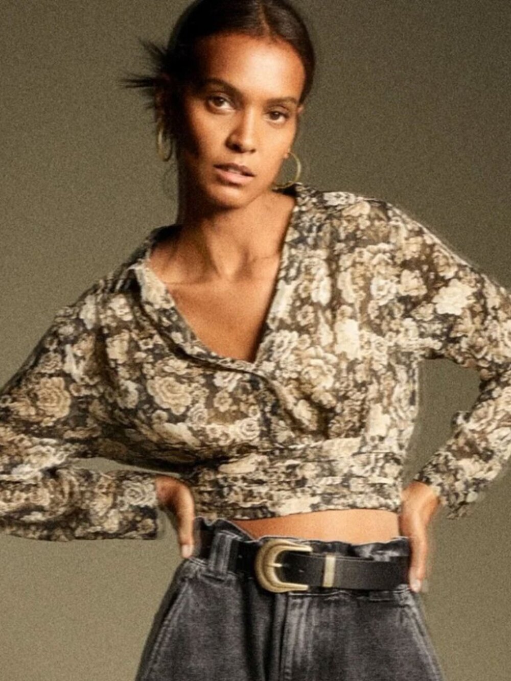 Zara Floral Metallic Thread Cropped Blouse